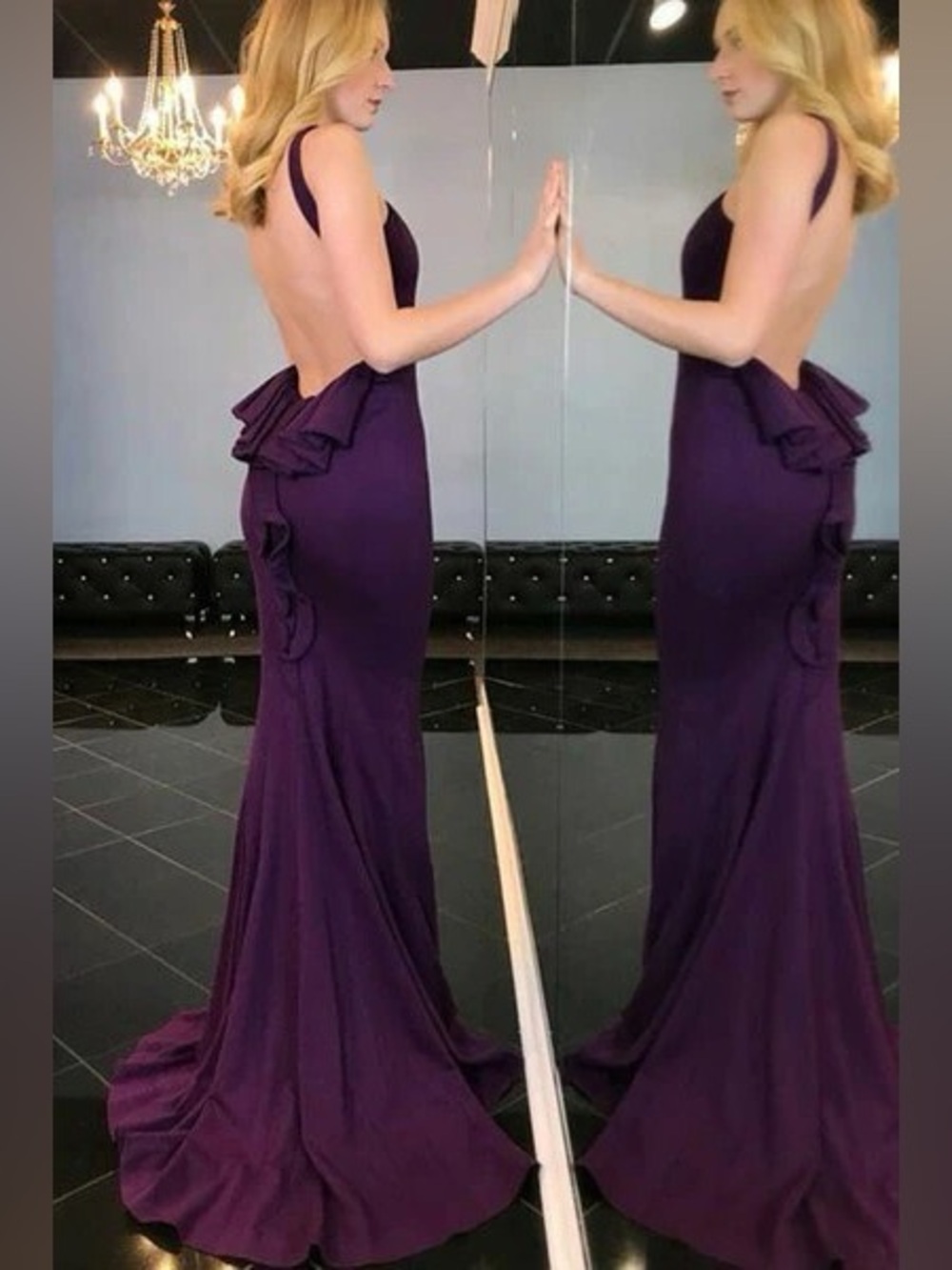 Jovani Eggplant Purple High Neck Dramatic Open Ruffle Back Mermaid Gown 4 21899